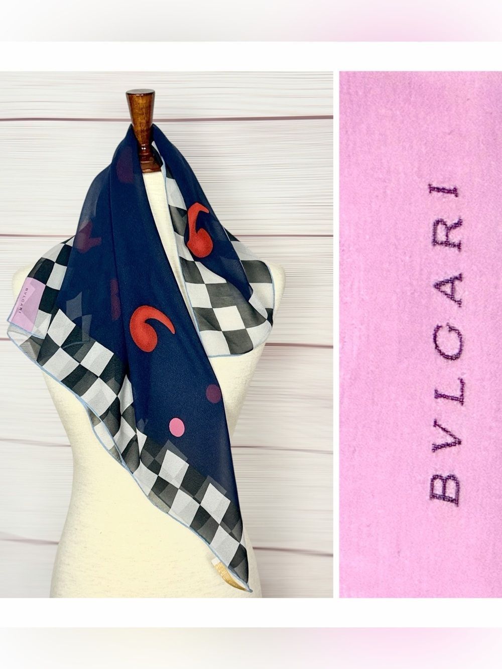 Bvlgari Signed Davide Pizzigoni Silk Chiffon Scarf Abstract Checkerboard Italy